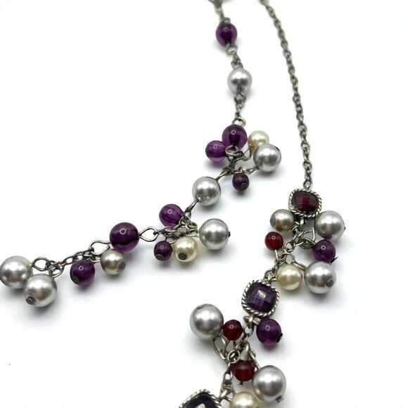 Laila Rowe Layered Necklace Antiqued Silver Tone Purple Red Dangle Bead Boho - Picture 10 of 12